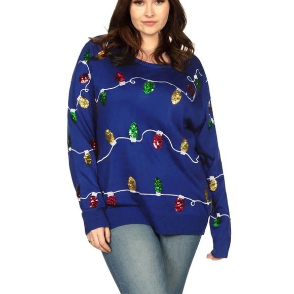 Tipsy Elves Blue Sequin Holiday Lights Ugly Christmas Sweater - Size XXL - Picture 3 of 9